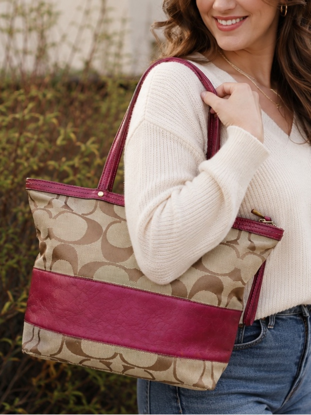Coach Signature Berry Stripe Patent Leather Tote Shoulder Bag, Berry Red/Pinkish